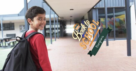 Smiling boy with backpack walking in school corridor, Back to School Bargains text over