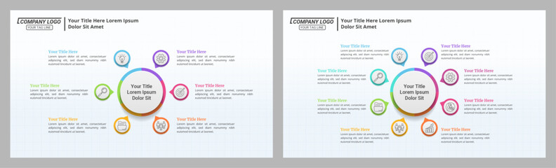 6 & 8 Options Workflow Circle Diagram Infographic with Editable Text for Business Process, Strategy, and Marketing.