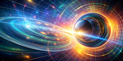 Obraz premium Cosmic Dance of Light: A vibrant celestial tableau featuring a swirling galaxy, illuminating streaks, and a captivating planet, ideal for projects on space, energy, and the cosmos. 