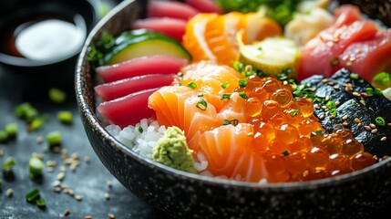 Chirashi sushi bowl with colorful fish and vegetables over rice, Japanese food, vibrant presentation