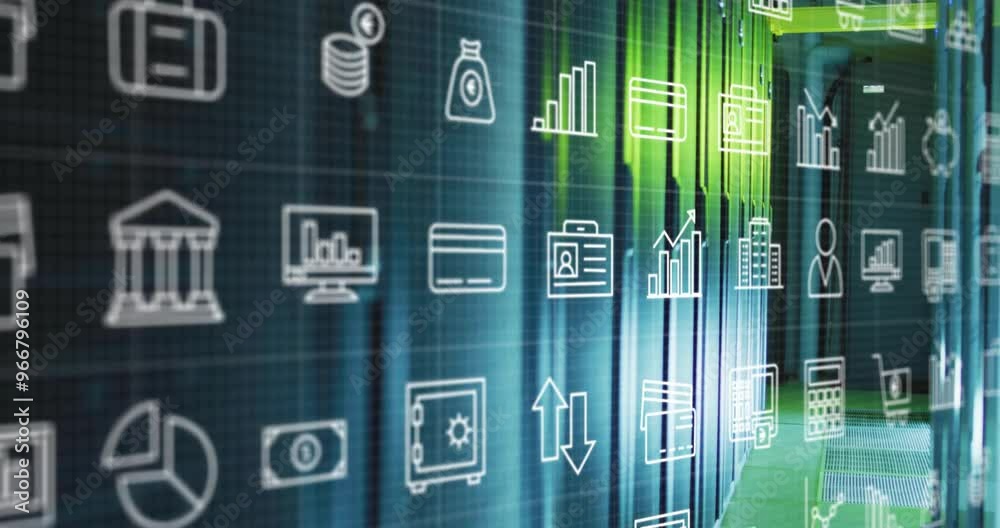 Poster animation of digital icons and data processing over computer servers