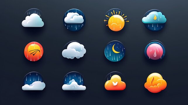 Flat vector icon set for a weather app, featuring icons for different types of precipitation like rain, snow, and hail with clear and easy-to-understand designs. 