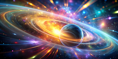 Obraz premium Cosmic Dance of Light: A vibrant celestial tableau featuring a swirling galaxy, illuminating streaks, and a captivating planet, ideal for projects on space, energy, and the cosmos. 