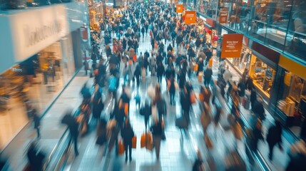 Obraz premium Dynamic crowd of shoppers with bags and discount banners, Black Friday, frenzy of deals