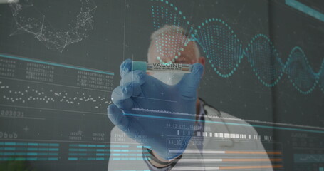 Image of dna strand and data processing over caucasian male doctor holding vaccine