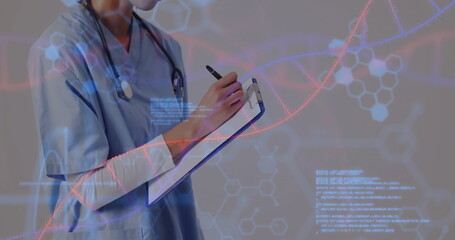 Image of dna strand with data processing over african american female doctor taking notes