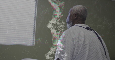 Image of dna strand with connections over senior african american man in hospital