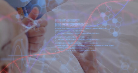 Image of dna strand with data processing over senior african american woman taking pills