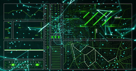 Image of digital data processing and network of connections over black background