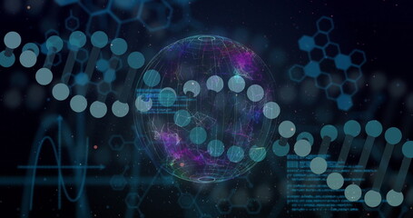 Image of dna strand and digital data processing over globe