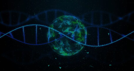 Image of scientific data processing over globe and dna strand on dark background