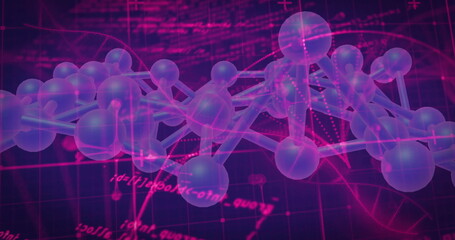 Image of scientific data processing over dna strands on dark background