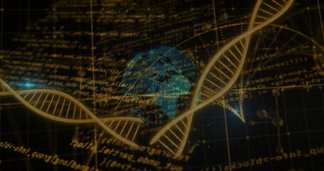 Image of scientific data processing over globe and dna strands on dark background