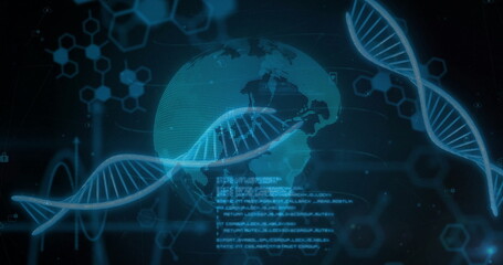Image of scientific data processing over globe and dna strands on dark background