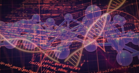 Image of scientific data processing over dna strands on dark background