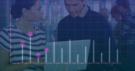 Image of financial data processing over diverse colleagues discussing work in office