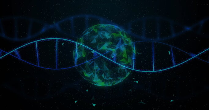 Image of scientific data processing over globe and dna strand on dark background