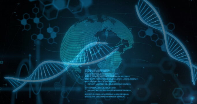 Image of scientific data processing over globe and dna strands on dark background