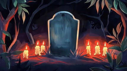 Creepy gravestone, surrounded by glowing candles and eerie shadows, Halloween night, Watercolor style