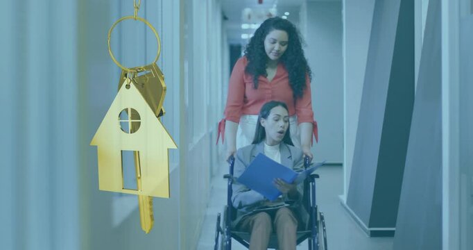 Animation of gold house key and key fob over biracial woman in whellchair
