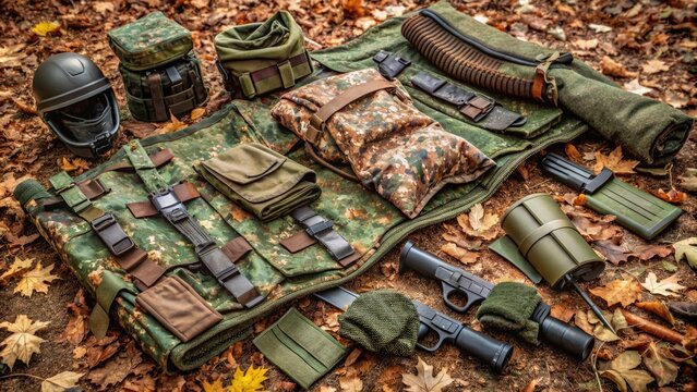 Camouflaged military gear and accessories scattered on a forest floor, featuring a mottled green, brown, and tan flecktarn pattern designed for woodland environments.