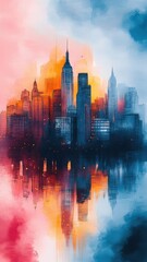 Fototapeta premium Watercolor style city with soft gradients and vibrant buildings.