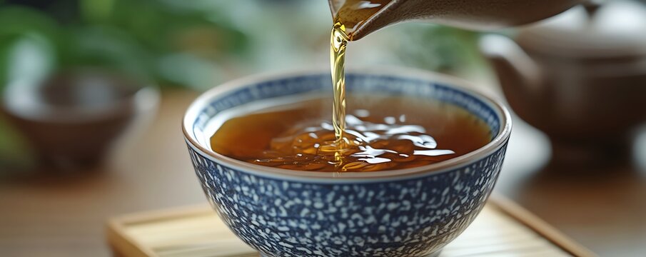 Hojicha tea being poured into a traditional Japanese cup, Japanese food, aromatic beverage