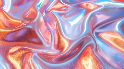 Obraz premium Abstract background of iridescent holographic fabric with wavy patterns and light reflections.