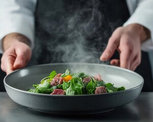 Gourmet plating, holographic recipe steps, minimalist modern kitchen