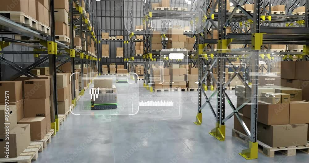 Poster animation of diagrams and data processing over machines working in warehouse