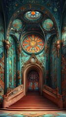 Fototapeta premium Celebration in Art Nouveau, ornate decorations, flowing lines, elegant forms, intricate patterns, festive ambiance.