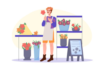 Man florist with flowers. Young guy with bouquet in flower shop. Romantic gift, present and surprise. Small business owner with plants. Flat vector illustration