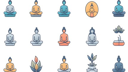 Hand-drawn icon set for a mindfulness app, featuring icons for different types of meditation postures like sitting, lying down, and walking with a calming and organic style. 