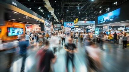 Dynamic trade show floor with motion blur of attendees, highlighting the vibrant energy of industry events