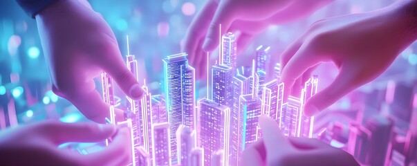 Neon Cityscape with Hands - Futuristic Urban Design