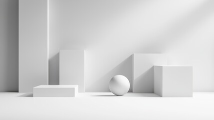 Minimalist White Geometric Shapes in Bright Studio with Soft Shadows and Clean Lines