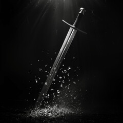 Naklejka premium Sword Striking the Ground with Water Splash on Dark Background 
