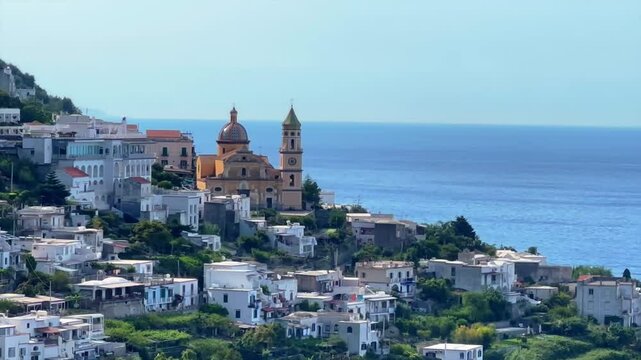 Parish Church Of Saint Januarius Overlooking The Amalfi Coast Coastline At Praiano In Italy.
