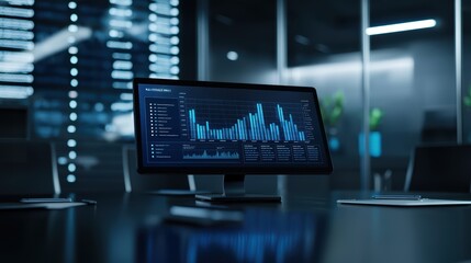 Modern Office Workspace with Computer Displaying Data Analytics and Graphs in a Corporate Environment