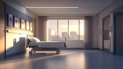 Modern Hospital Room with Bed and Sunlight Through Window in the Morning