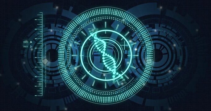 Animation of dna strand over data processing and scope scanning - Powered by Adobe