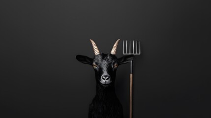 A Goat in a Devil Costume Displaying Mischief with Fork against a Dark Background Landscape. Animal in Halloween Costume Concept