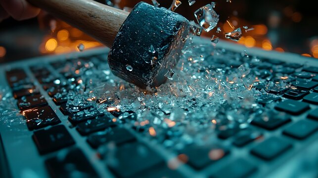 A hammer strikes a laptop keyboard, shattering the glass keys and sending shards flying.