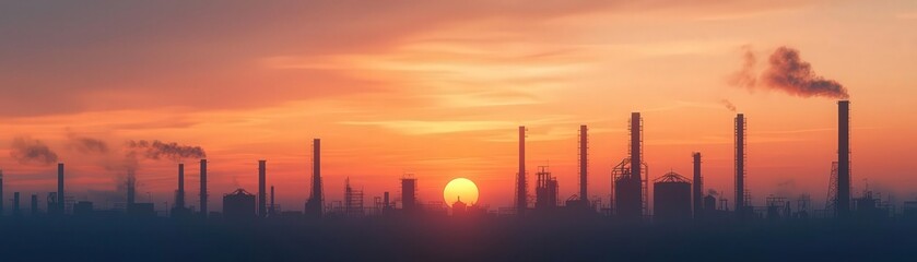 Panoramic view of an oil extraction site at dawn, with a hazy orange sky, oil energy production, sunrise over industry