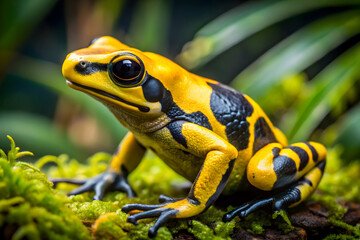 Fototapeta premium Golden Poison Dart Frog: A vibrant yellow and black poison dart frog perched on a leaf, its beady eyes reflecting the rainforest's mysteries. A captivating image of nature's artistry