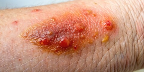 Fototapeta premium Close-up of a reddened, swollen, and mildly blistered area of skin, indicating a minor first-degree burn, with subtle inflammation and slight peeling.