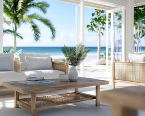 Obraz premium Bright and airy 3D render of a coastal living room with white interiors, rattan furniture, and ocean views through large windows