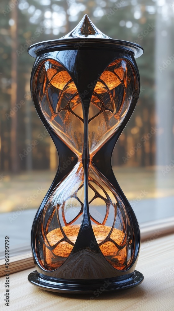 Sticker hourglass depicted in stylized 3d style, offering a vivid and realistic portrayal with dynamic forms