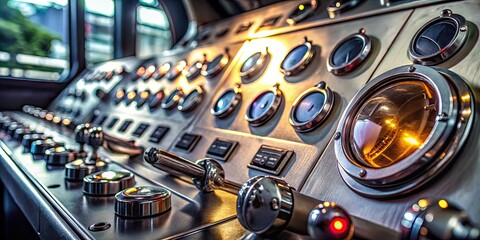Fototapeta premium Close-up of a sleek silver metallic submarine button on a naval vessel's control panel, with elegant curves and intricate details, illuminated by soft ambient light.