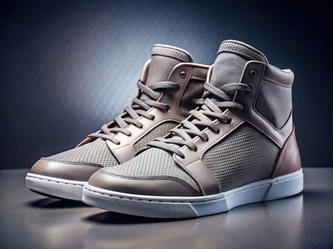 Close-up of sleek, high-top sneakers with ventilated mesh panels and sturdy soles, perfect for athletic or casual wear, emphasizing comfort and durability.